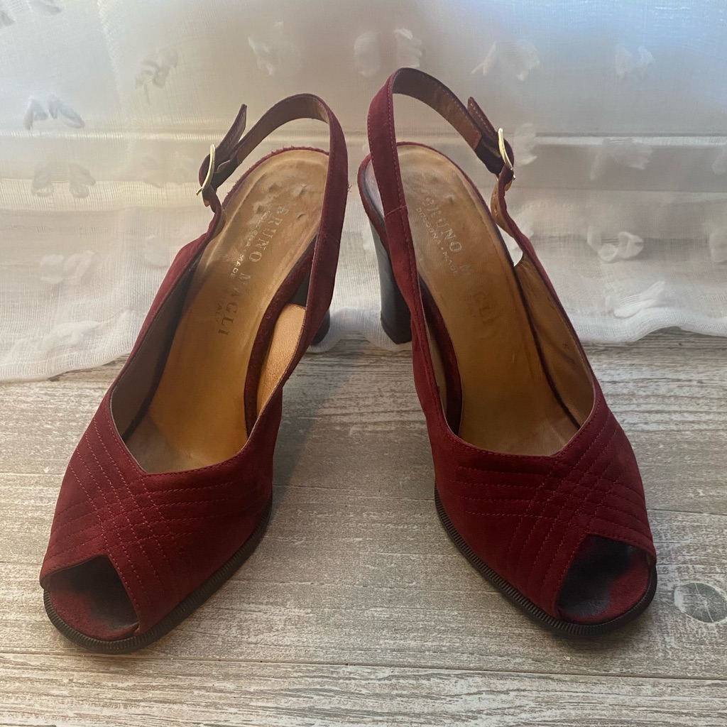 Vintage Bruno Magli Red Wine Suede Peep Toe Sling Back Heels 6